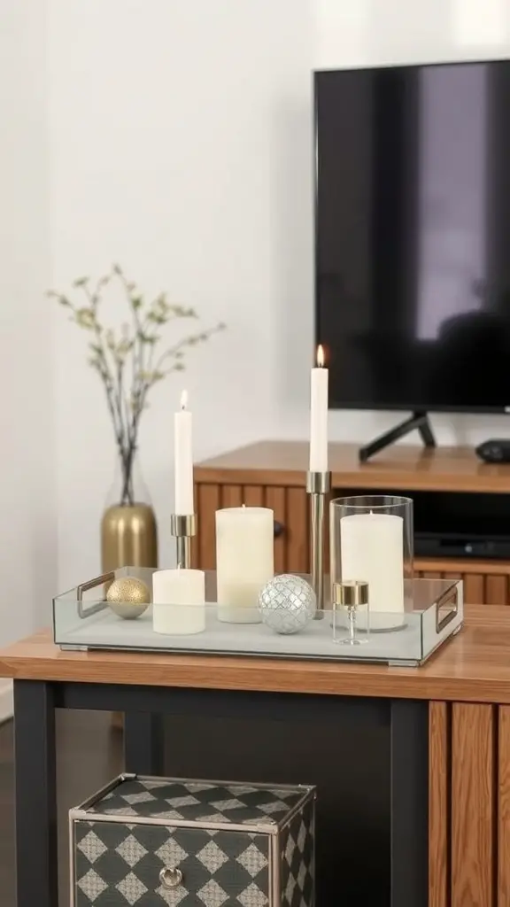 A decorative tray with candles and ornaments on a TV console