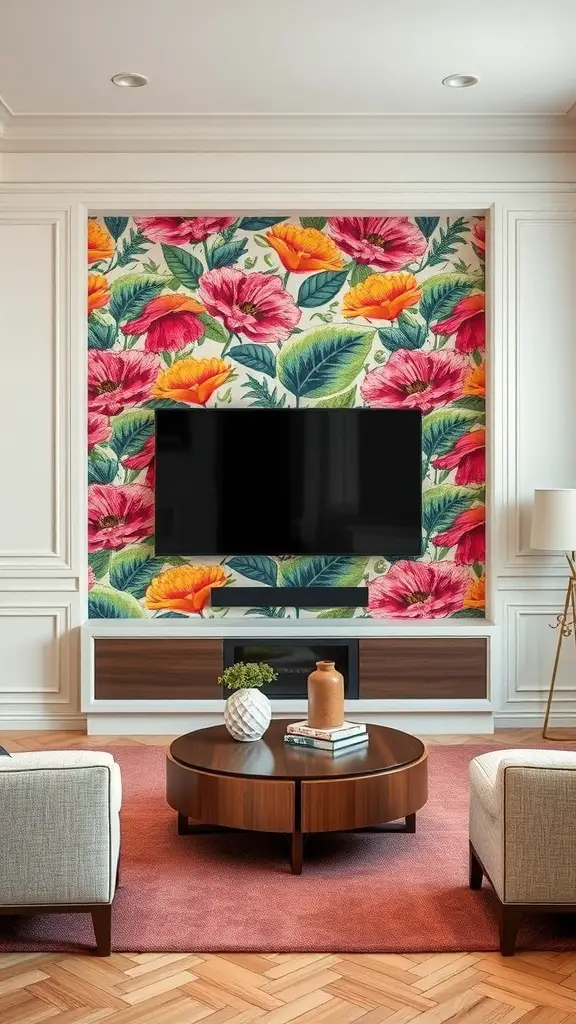 Living room with vibrant floral wallpaper behind the TV