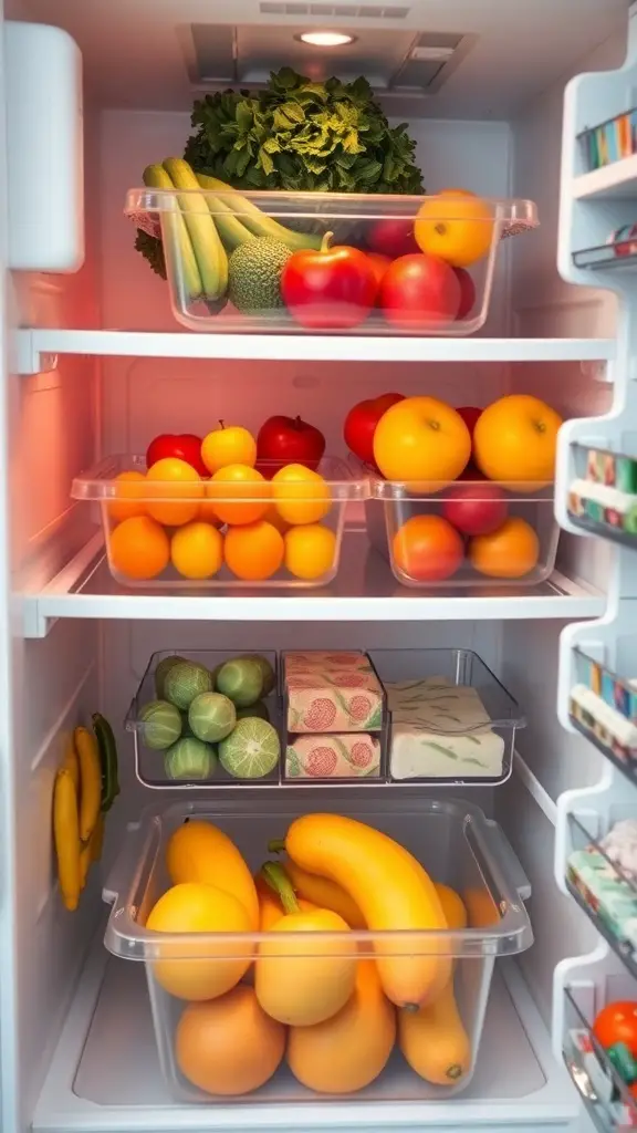15 Must-Have Kitchen Gadgets for Ultimate Organization 11 Organized fridge with clear storage bins filled with fruits and vegetables
