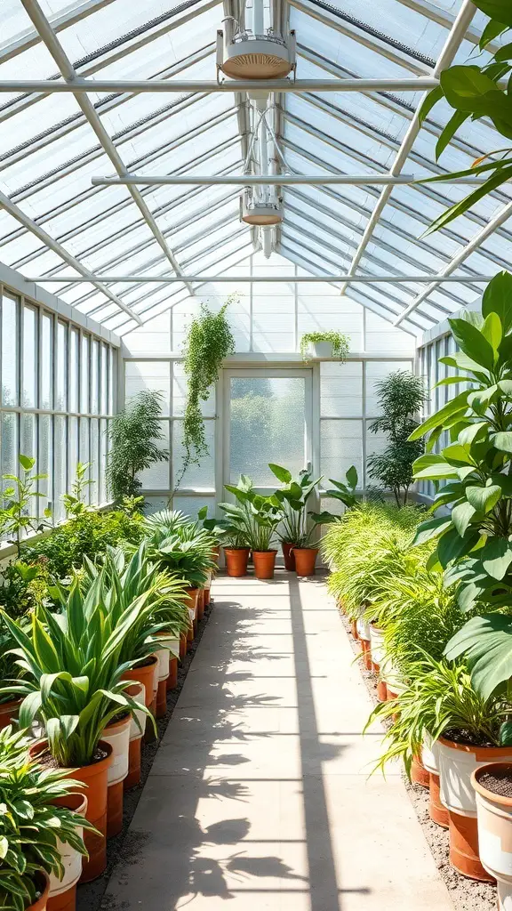 A bright greenhouse filled with various plants arranged in pots, showcasing effective window placement for natural light.