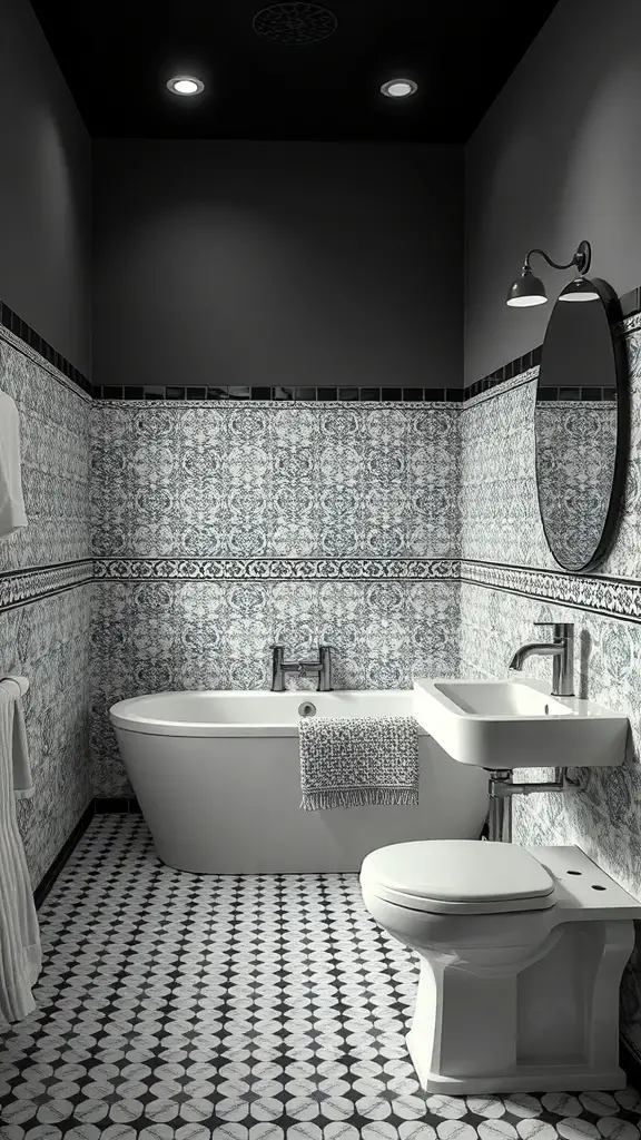25+ Stunning Black and White Bathroom Ideas You’ll Love 15 A stylish black and white bathroom featuring patterned tiles on the walls and floor, with a modern bathtub and sink.