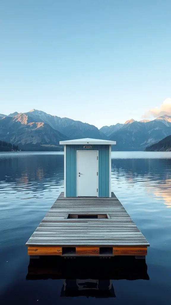 A floating restroom on a lake with mountains in the background.