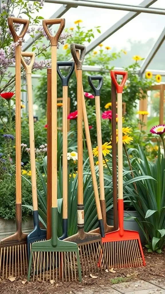A variety of garden rakes displayed among colorful flowers in a greenhouse.
