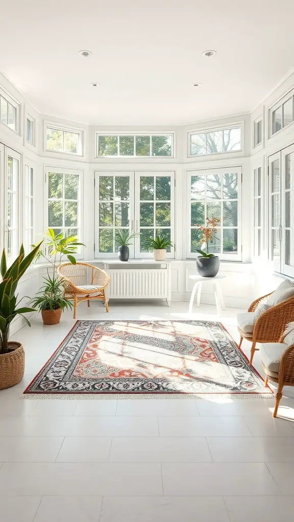 A bright sunroom featuring a patterned area rug, plants, and comfortable seating.