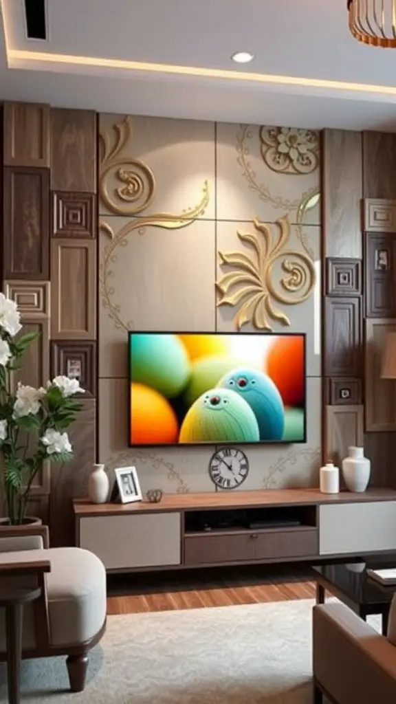 A stylish living room with artistic wall panels framing a TV, featuring floral designs and a mix of wood tones.