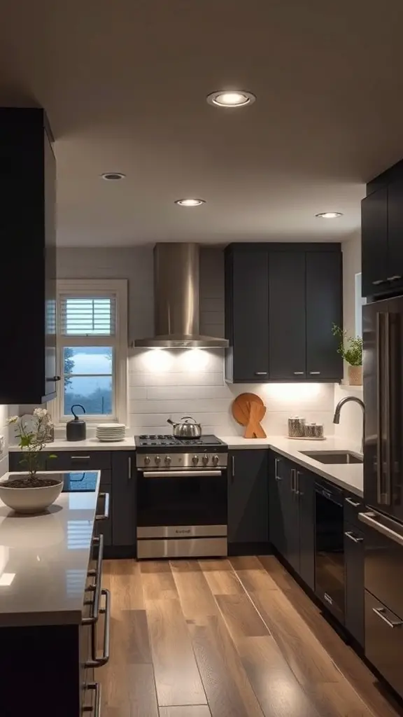 A modern kitchen featuring flush mount lights on a low ceiling.