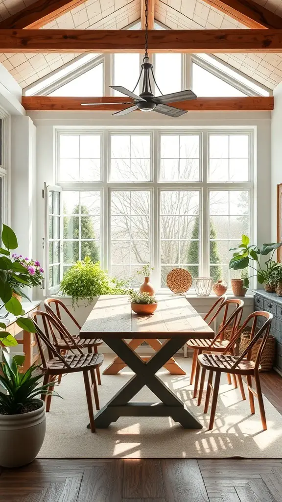 A sunroom dining area featuring a wooden table, chairs, and large windows with plants.