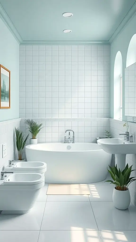 29+ Stunning Bathroom Interior Design Ideas for a Chic Retreat 13 A modern bathroom with light blue walls, white tiles, a bathtub, and potted plants.