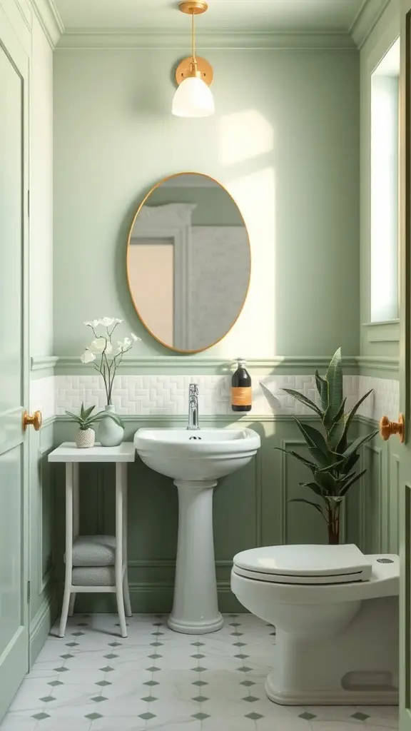 A green bathroom featuring a sink, mirror, and plants, showcasing eco-friendly design.