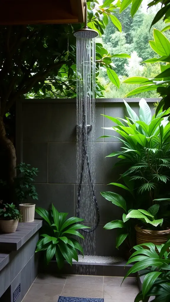 23+ Creative Garden Shower Ideas 12 Outdoor shower surrounded by lush green plants and a wooden backdrop.