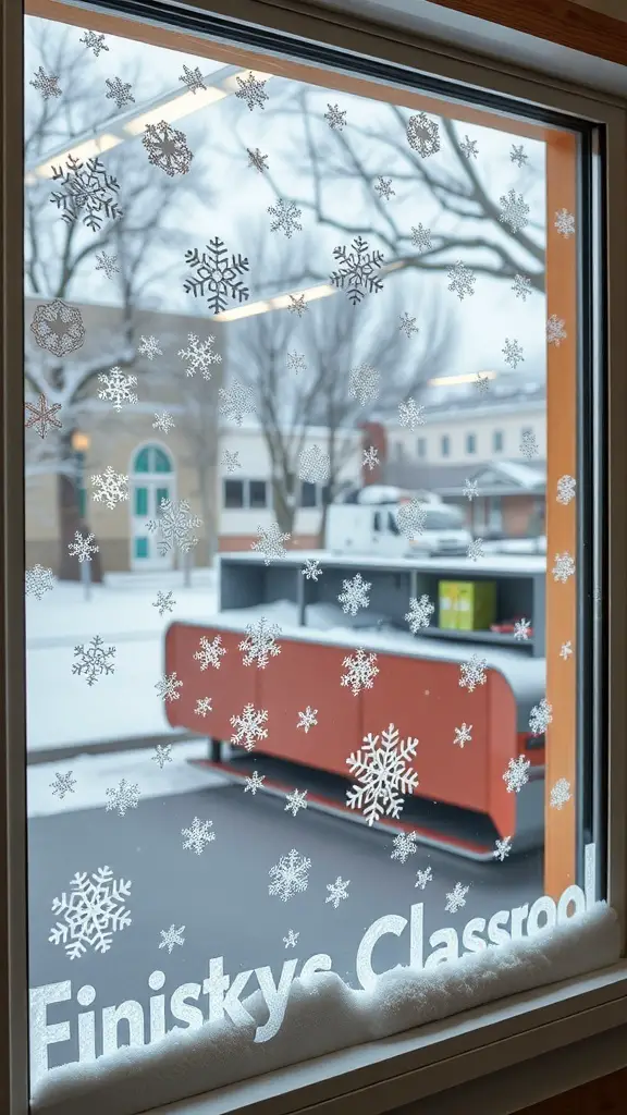 27+ Creative Winter Crafts Preschoolers Ideas 16 A classroom window decorated with white snowflake clings, showcasing a wintery scene outside.