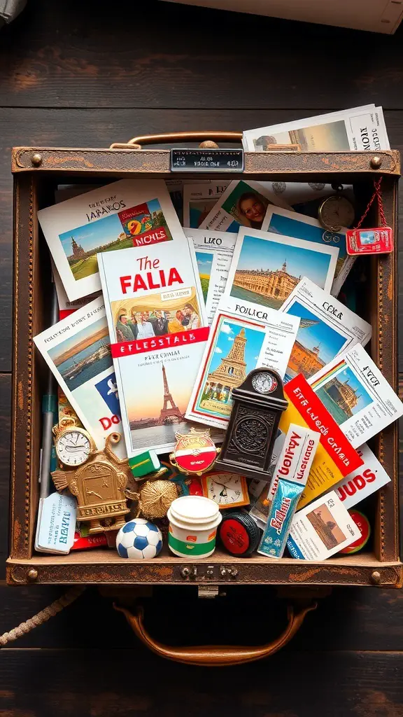 23+ Unique Memory Box Ideas s 8 A suitcase filled with travel souvenirs including postcards, trinkets, and memorabilia.