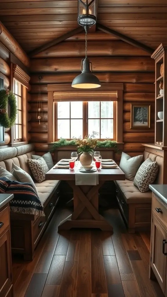 Cozy dining nook in a winter cabin kitchen with wooden walls and comfortable seating.