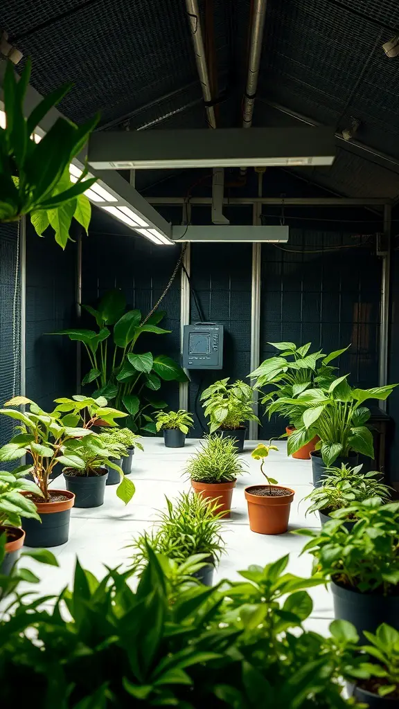 29+ Creative DIY Greenhouse Table Ideas for Your Garden 15 A greenhouse interior featuring a table with potted plants and integrated lighting above.