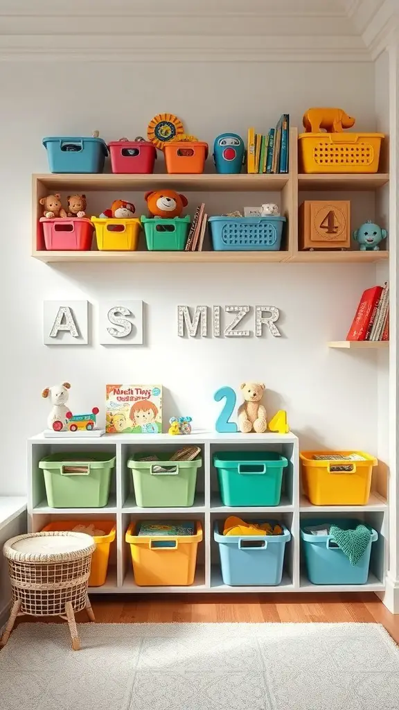 Colorful nursery storage solution with bins and shelves
