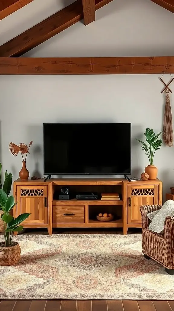 29+ Stunning Boho-Inspired Entertainment Centers to Transform Your Space 10 A boho-style entertainment center with wooden furniture, plants, and decorative elements.