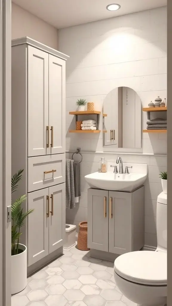 A small bathroom with tall storage cabinets and open shelves for towels and decor.
