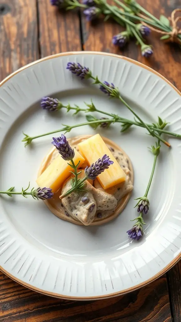 27+ Stunning Lavender Flower Varieties for Your Dream Garden 11 A plate with lavender flowers, cheese, and a creamy sauce, showcasing culinary use of lavender.