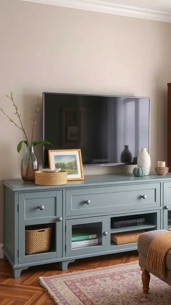 A stylish TV console decorated with accessories in a soft blue-green color scheme.