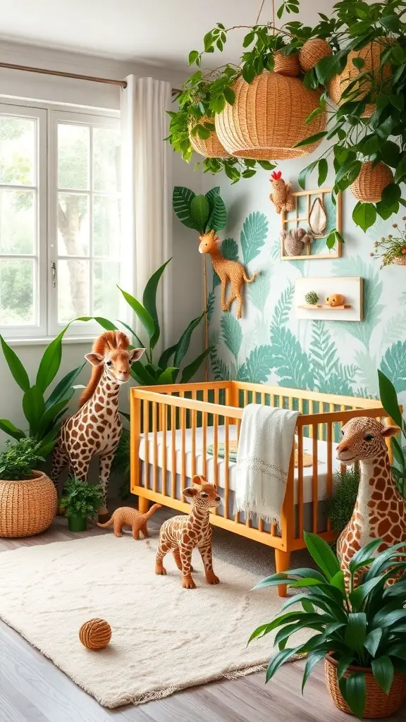 A vibrant animal safari nursery featuring giraffe decorations, a bright orange crib, and lush greenery.