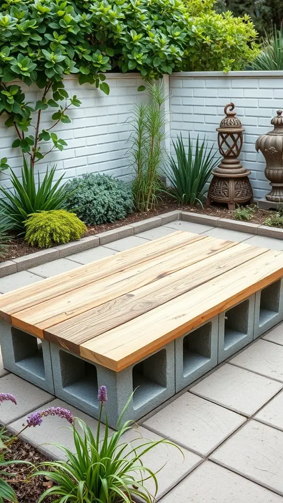 27+ Stunning DIY Coffee Table Ideas You Can Create at Home 10 A cinder block coffee table with a wooden top, surrounded by greenery in an outdoor setting.