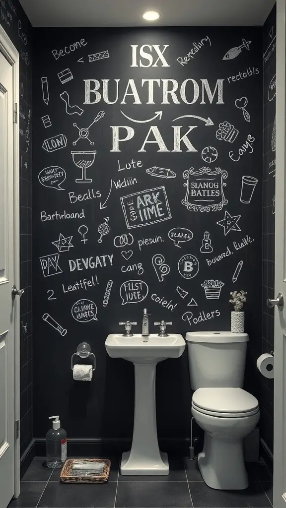 25+ Trending Bathroom Wall Decor Ideas You’ll Love 15 Chalkboard wall in a bathroom with various doodles and phrases