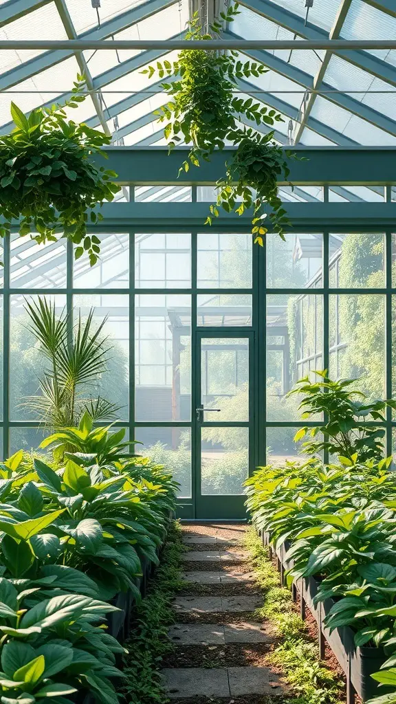 27+ Inspiring Inside Greenhouse Ideas 4 A bright greenhouse with large glass panels and lush green plants.