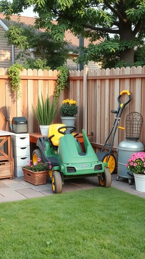 A well-organized lawn equipment storage area with a mower, tools, and plants.