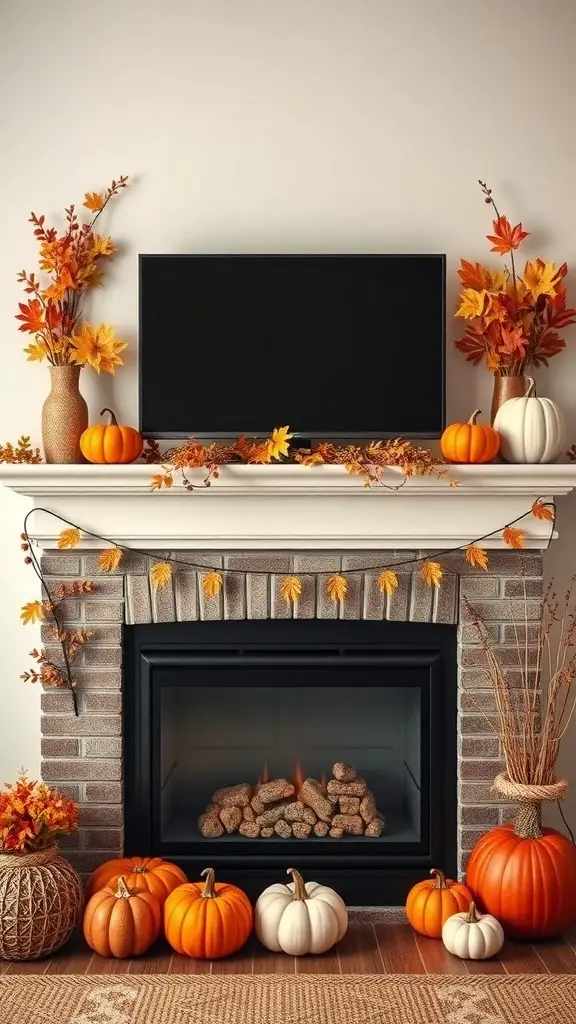 A beautifully decorated mantle for autumn with pumpkins, leaves, and a TV.