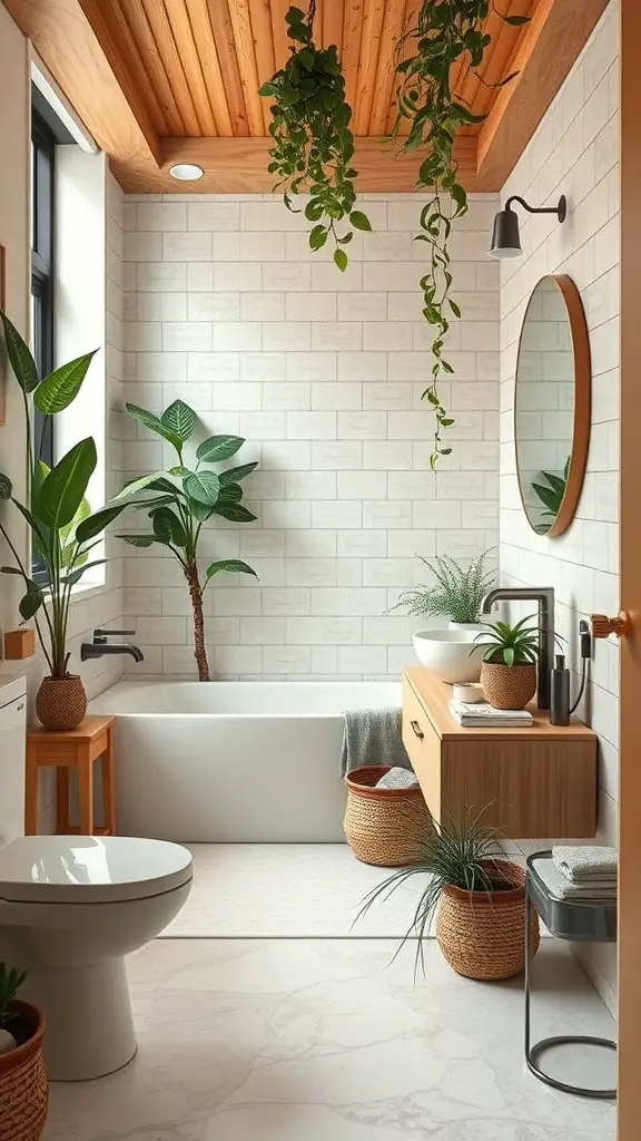 29+ Stunning Bathroom Interior Design Ideas for a Chic Retreat 8 Eco-friendly bathroom with plants, wooden ceiling, and modern fixtures