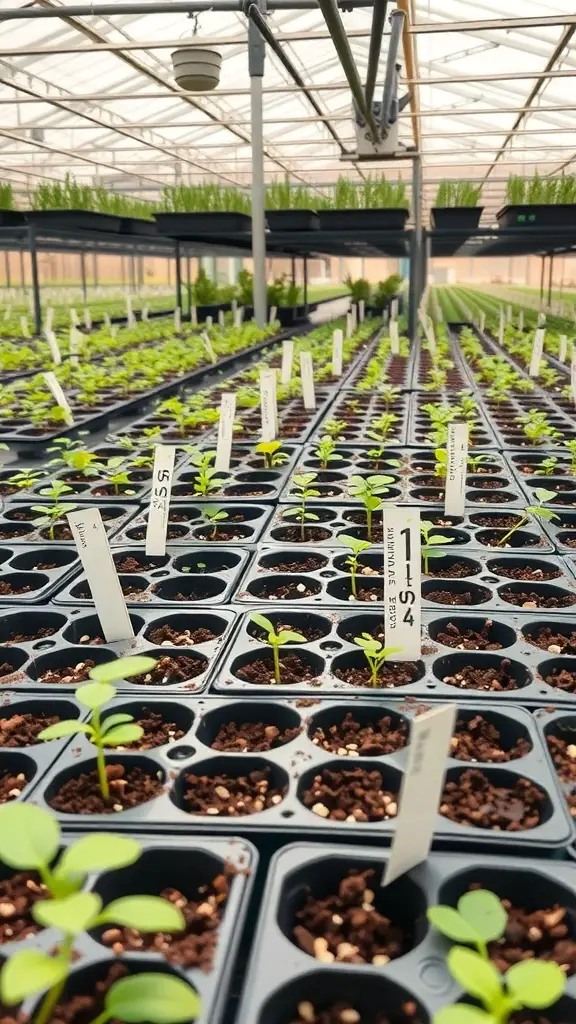 27+ Inspiring Inside Greenhouse Ideas 10 Rows of small seedlings in pots inside a greenhouse, labeled for identification.