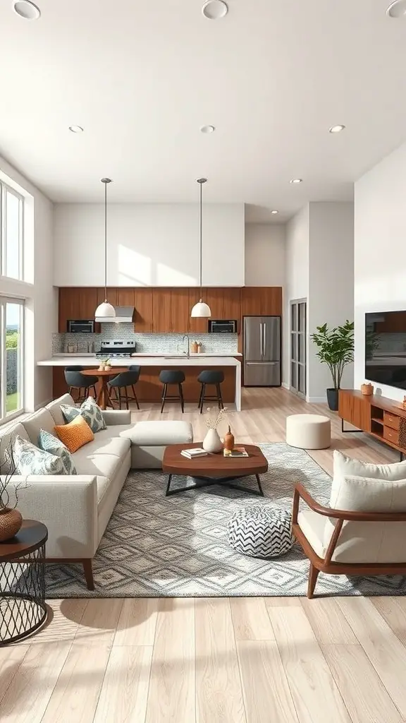 29+ Stunning Family Room Addition Ideas for Your Home 5 A modern open concept family room with a kitchen area, featuring large windows, neutral colors, and stylish furniture.