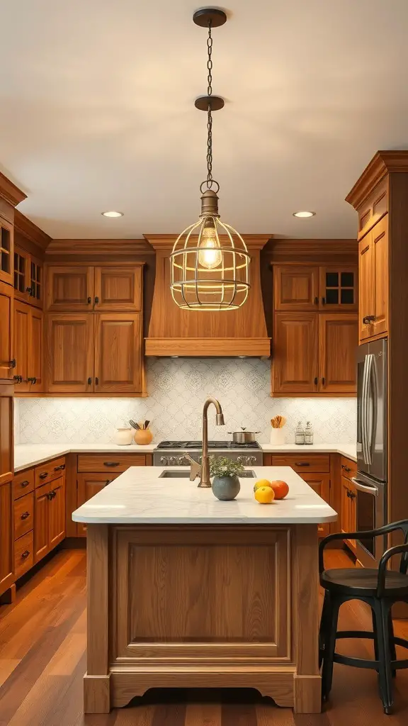 Natural wood pendant light over a kitchen island with wooden cabinets and marble countertop.
