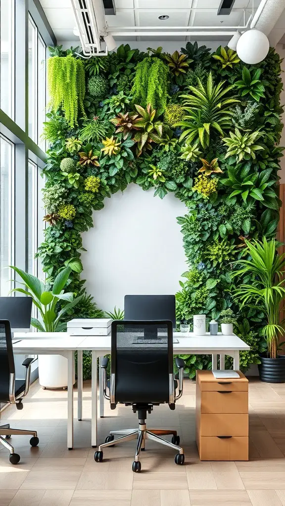 A vibrant plant wall in a modern office setting with a white desk and black chairs.