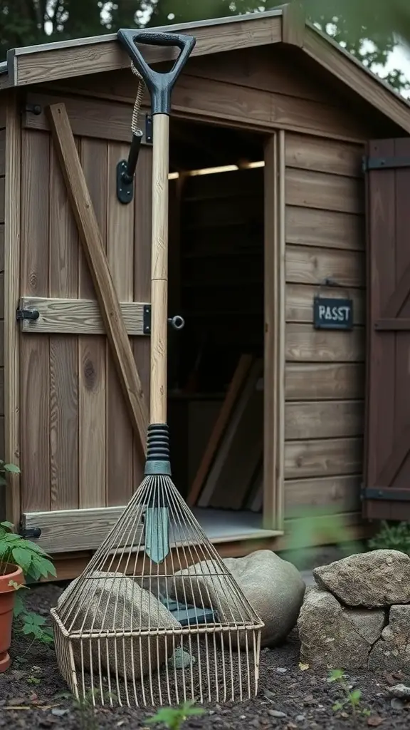 A garden rake with a comfortable grip leaning against a wooden shed, surrounded by rocks and plants.