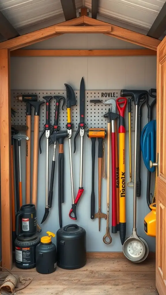 27+ Smart Small Shed Storage Ideas You Need to Try 16 A well-organized garden tool rack with various tools hanging on a pegboard inside a shed.