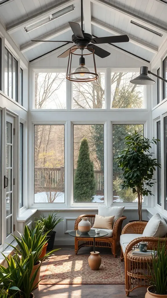 29+ Stunning Sunroom Addition Ideas Off Your Kitchen 15 A bright and cozy sunroom with large windows, a ceiling fan, plants, and comfortable seating.