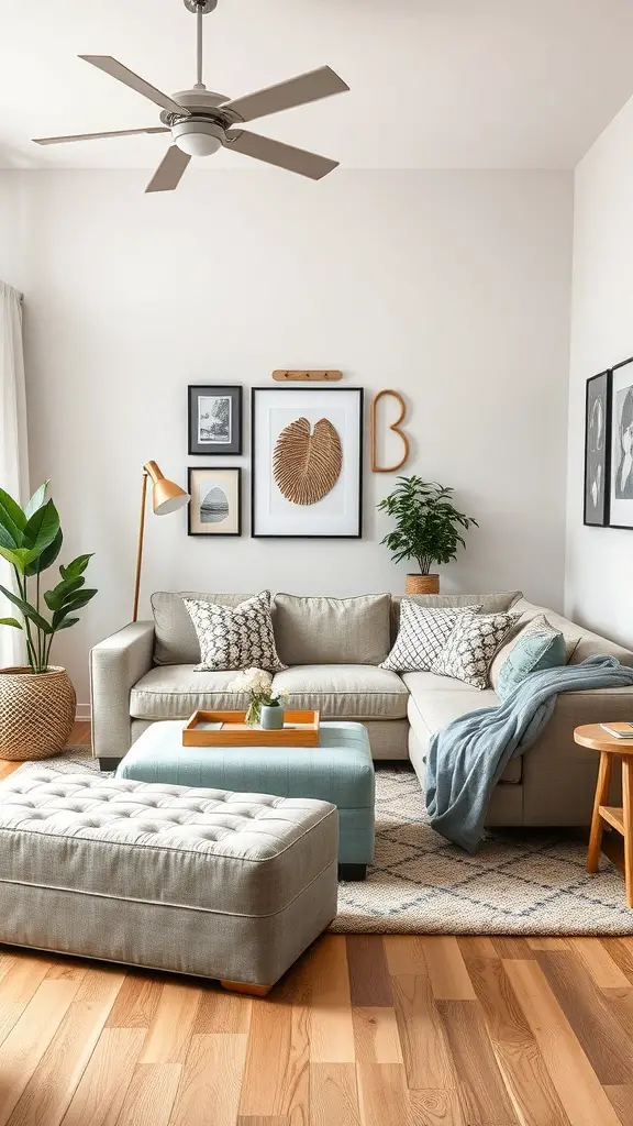 29+ Stunning Family Room Addition Ideas for Your Home 16 A cozy family room with a sectional sofa, multi-functional ottoman, and decorative elements.