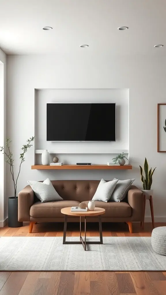 A cozy living room featuring a mounted TV, floating shelf, and minimalistic decor.