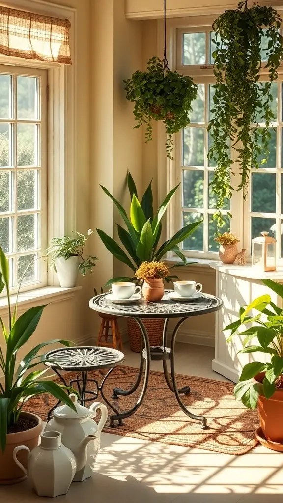 29+ Creative Sunroom Decorating Ideas You’ll Love 12 A cozy sunroom with a chic bistro table set for morning coffee, surrounded by plants.