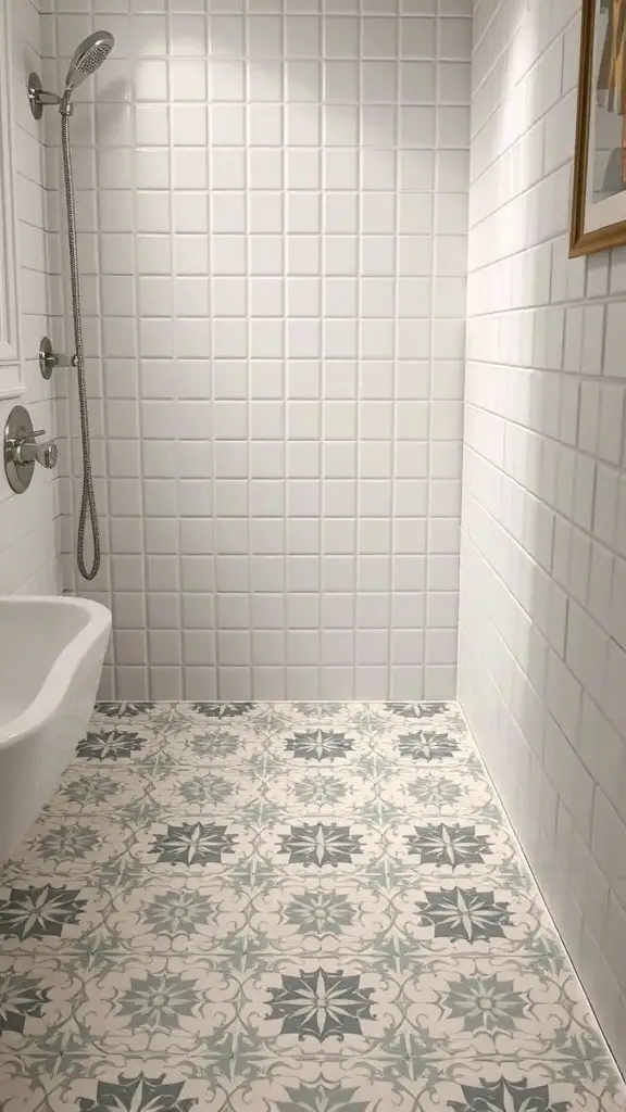 A small bathroom with white wall tiles and colorful patterned floor tiles featuring floral designs.