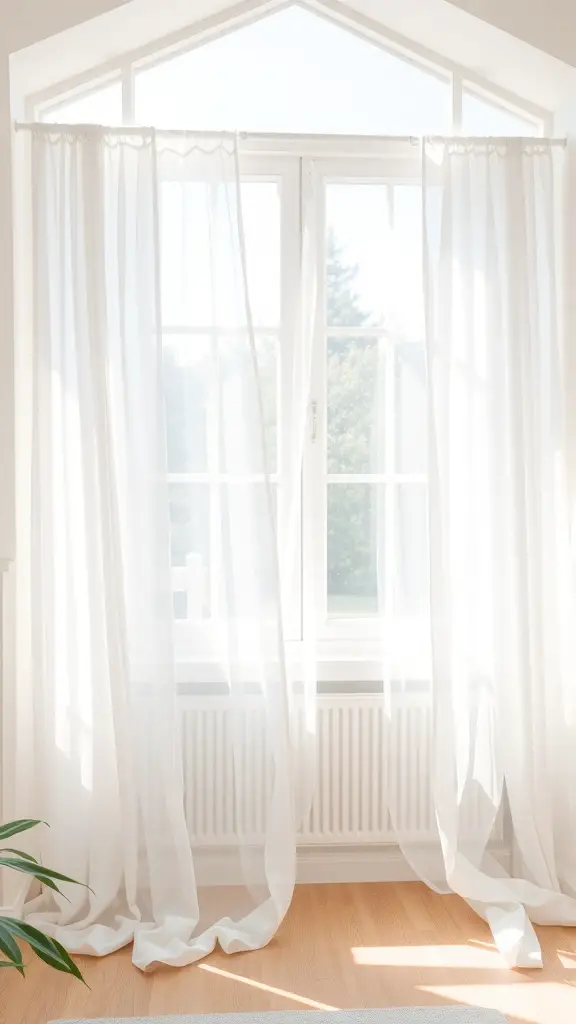 29+ Stunning Sunroom Curtain Ideas to Brighten Your Space 6 Lightweight sheer curtains hanging in a sunroom window, allowing sunlight to filter through.