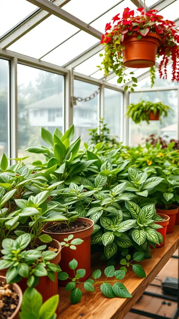 29+ Stunning Attached Greenhouse Sunroom Ideas for Your Home 3 A collection of various plants in pots and hanging baskets inside a greenhouse sunroom.