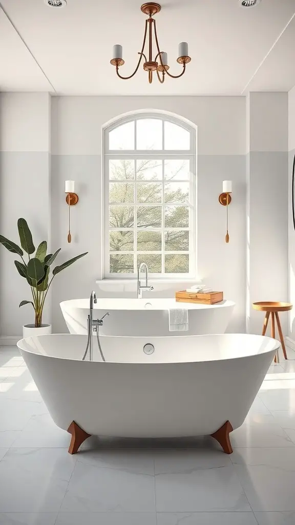 A modern bathroom featuring a freestanding bathtub, natural light, and stylish decor.