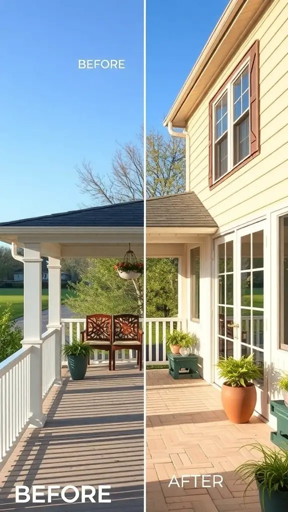 29+ Stunning Porch to Sunroom Conversion Ideas to Transform Your Home 5 Before and after image of a porch converted into a sunroom, showcasing a bright and inviting space.