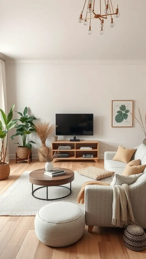 29+ Stunning Family Room Addition Ideas for Your Home 11 A cozy family room with neutral colors, plants, and comfortable furniture.