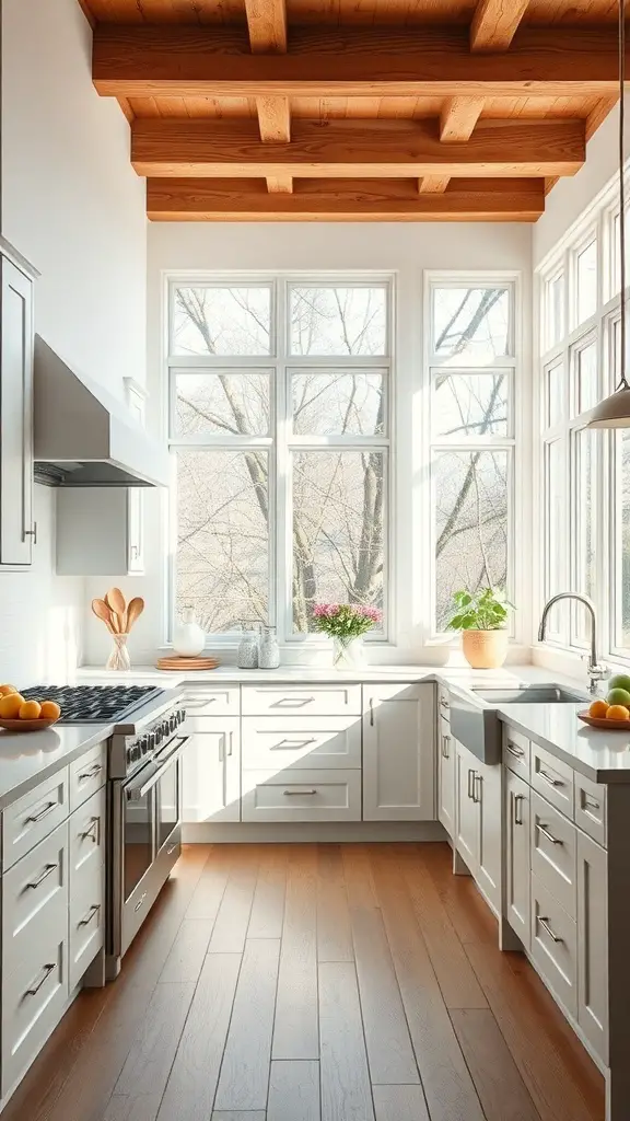 29+ Stunning Double Oven Kitchen Layout Ideas 11 Bright kitchen with double ovens, large windows, and wooden beams