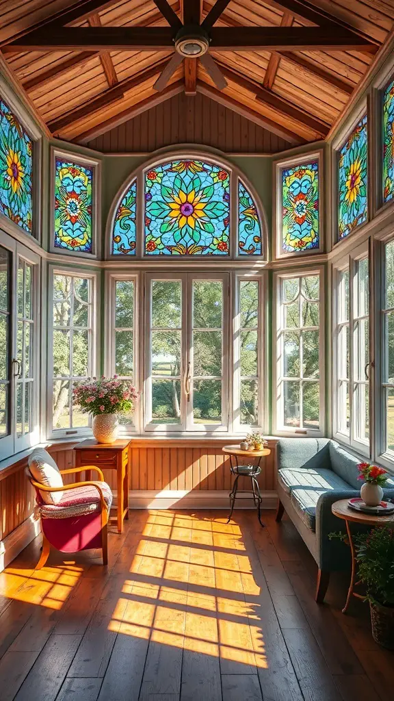 29+ Charming Vintage Sunroom Ideas for a Timeless Retreat 9 A sunroom featuring stained glass windows with colorful floral designs, wooden flooring, and cozy seating.