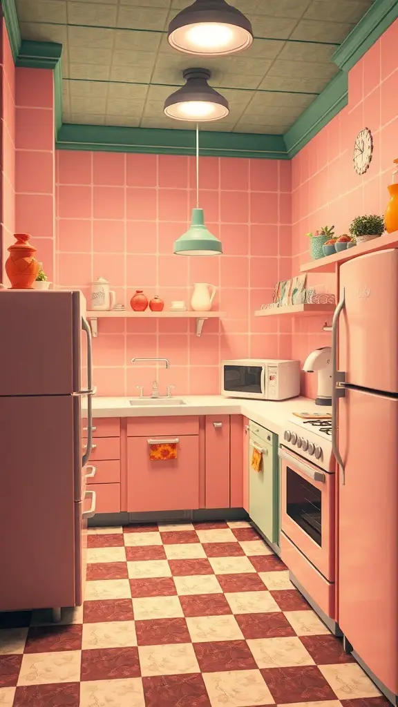 25+ Creative Minecraft Kitchen Designs You’ll Love 14 A vintage retro kitchen featuring pink tiles, pastel green appliances, and a checkered floor.