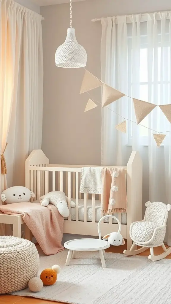 27+ Adorable Neutral Baby Room Ideas to Inspire Your Nursery Design 14 A neutral baby room featuring soft textiles in hues of pink and beige, with a cozy crib, plush toys, and playful decor.
